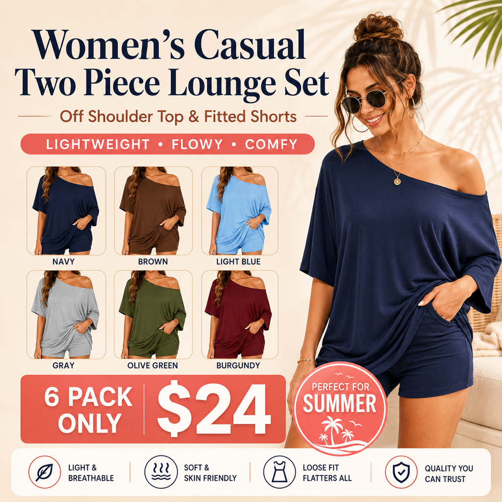 Women’s Casual Two Piece Lounge Set Off Shoulder Top & Fitted Shorts