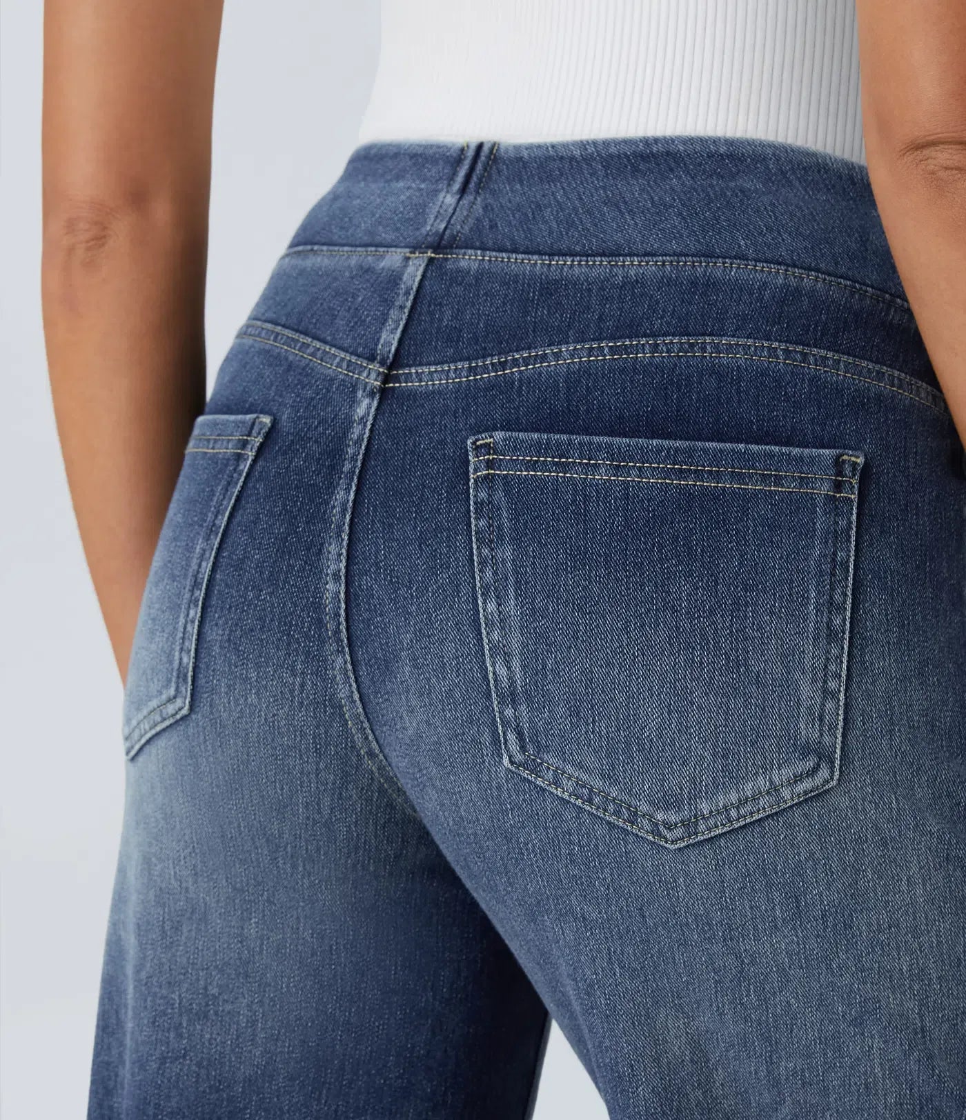 High Waisted Multiple Pockets Baggy Wide Leg Washed Stretchy Knit Casual Jeans
