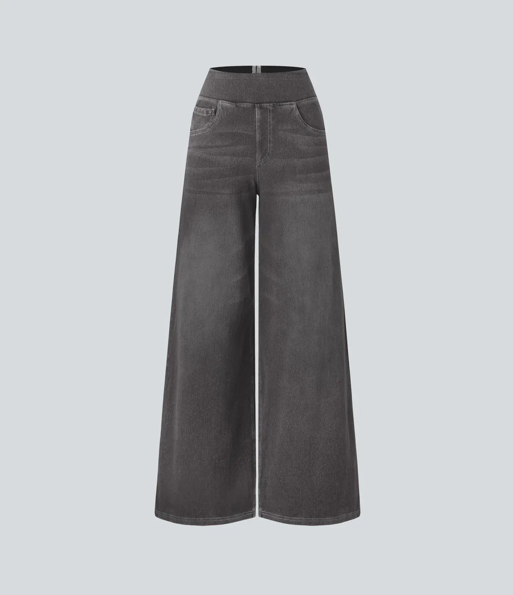 High Waisted Multiple Pockets Baggy Wide Leg Washed Stretchy Knit Casual Jeans