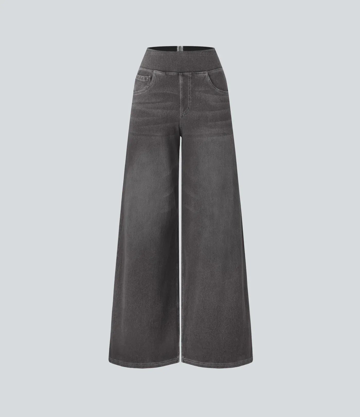 High Waisted Multiple Pockets Baggy Wide Leg Washed Stretchy Knit Casual Jeans