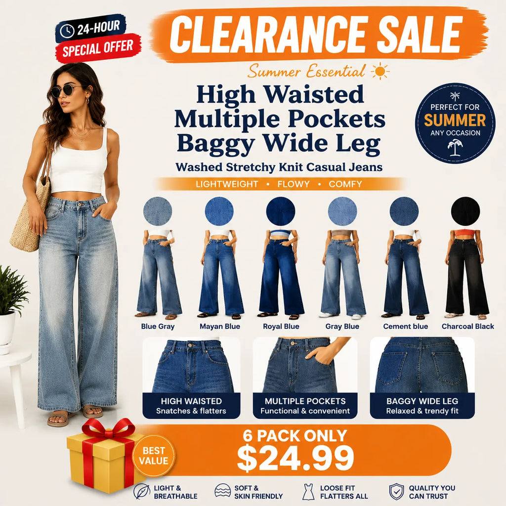 High Waisted Multiple Pockets Baggy Wide Leg Washed Stretchy Knit Casual Jeans