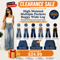 High Waisted Multiple Pockets Baggy Wide Leg Washed Stretchy Knit Casual Jeans