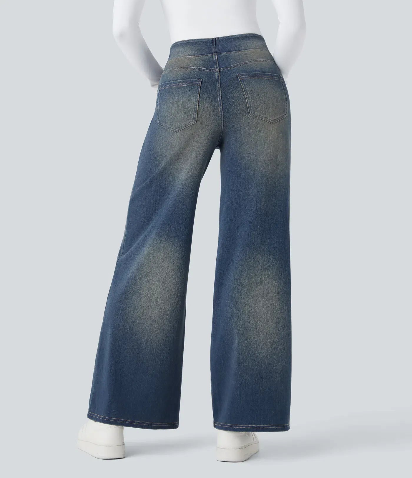 High Waisted Multiple Pockets Baggy Wide Leg Washed Stretchy Knit Casual Jeans