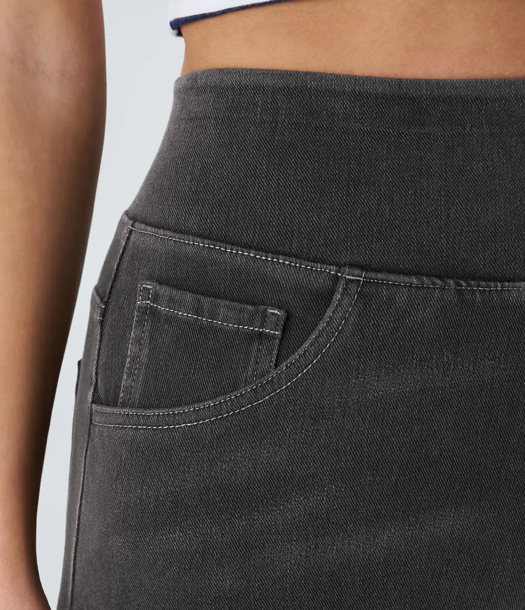 High Waisted Multiple Pockets Baggy Wide Leg Washed Stretchy Knit Casual Jeans