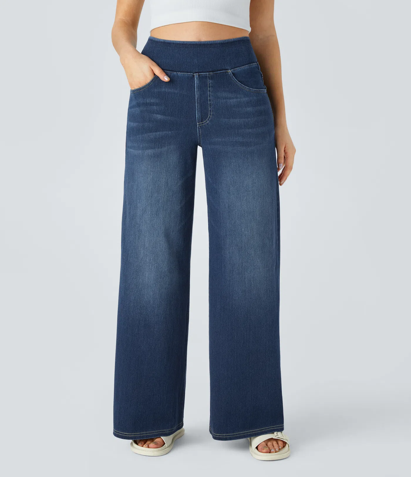 High Waisted Multiple Pockets Baggy Wide Leg Washed Stretchy Knit Casual Jeans