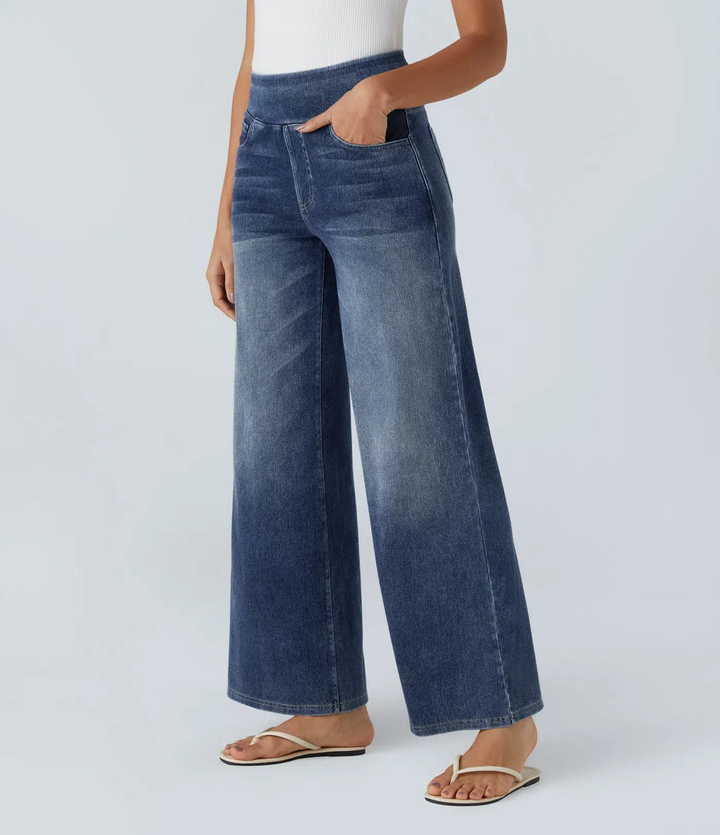 High Waisted Multiple Pockets Baggy Wide Leg Washed Stretchy Knit Casual Jeans