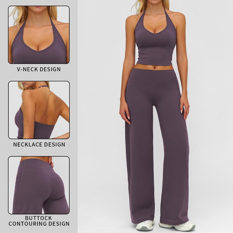 Women’s Plain Crop Cami Top & Flare Leg Pants Sports Set
