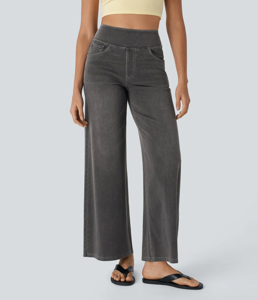 High Waisted Multiple Pockets Baggy Wide Leg Washed Stretchy Knit Casual Jeans