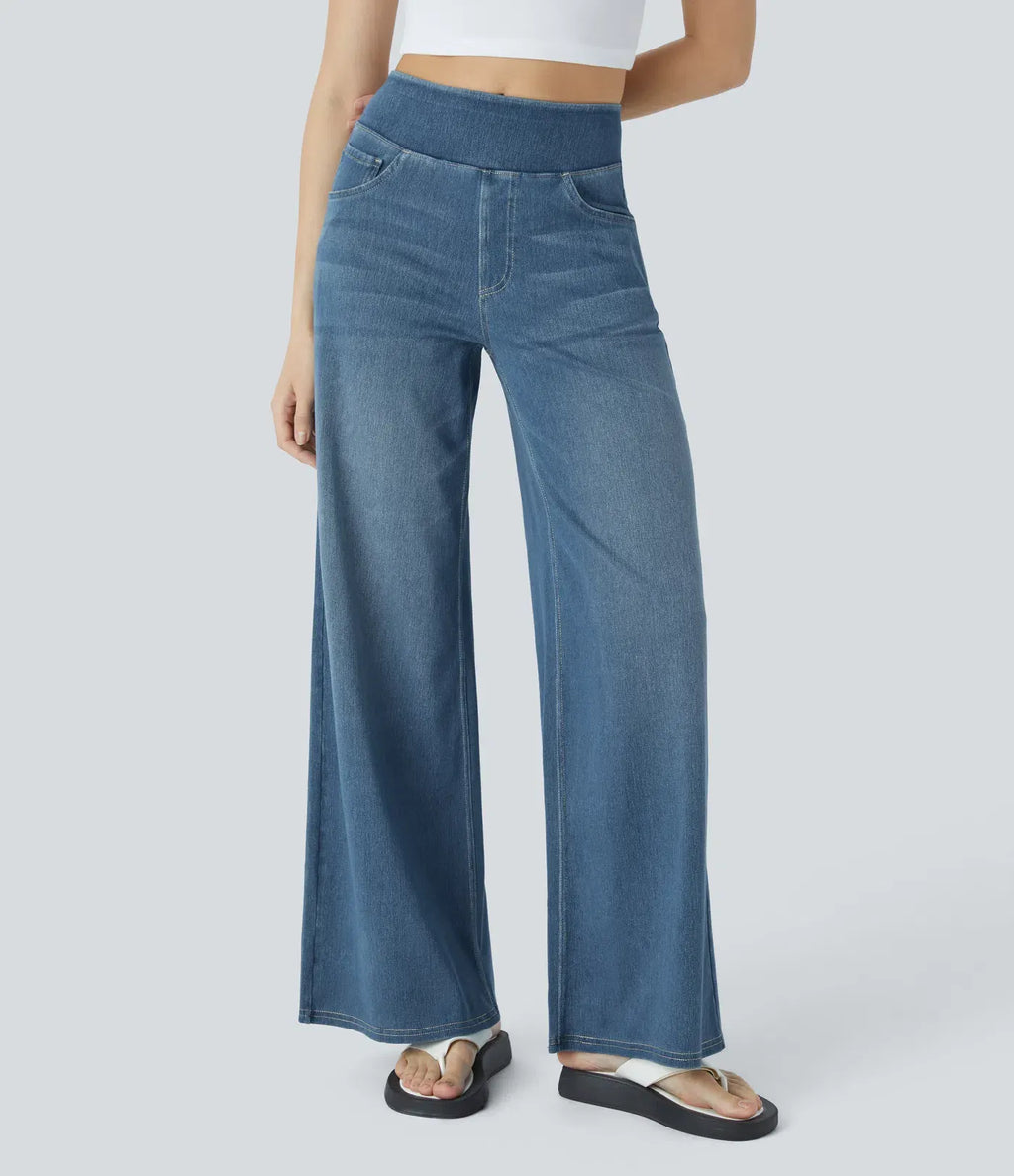 High Waisted Multiple Pockets Baggy Wide Leg Washed Stretchy Knit Casual Jeans