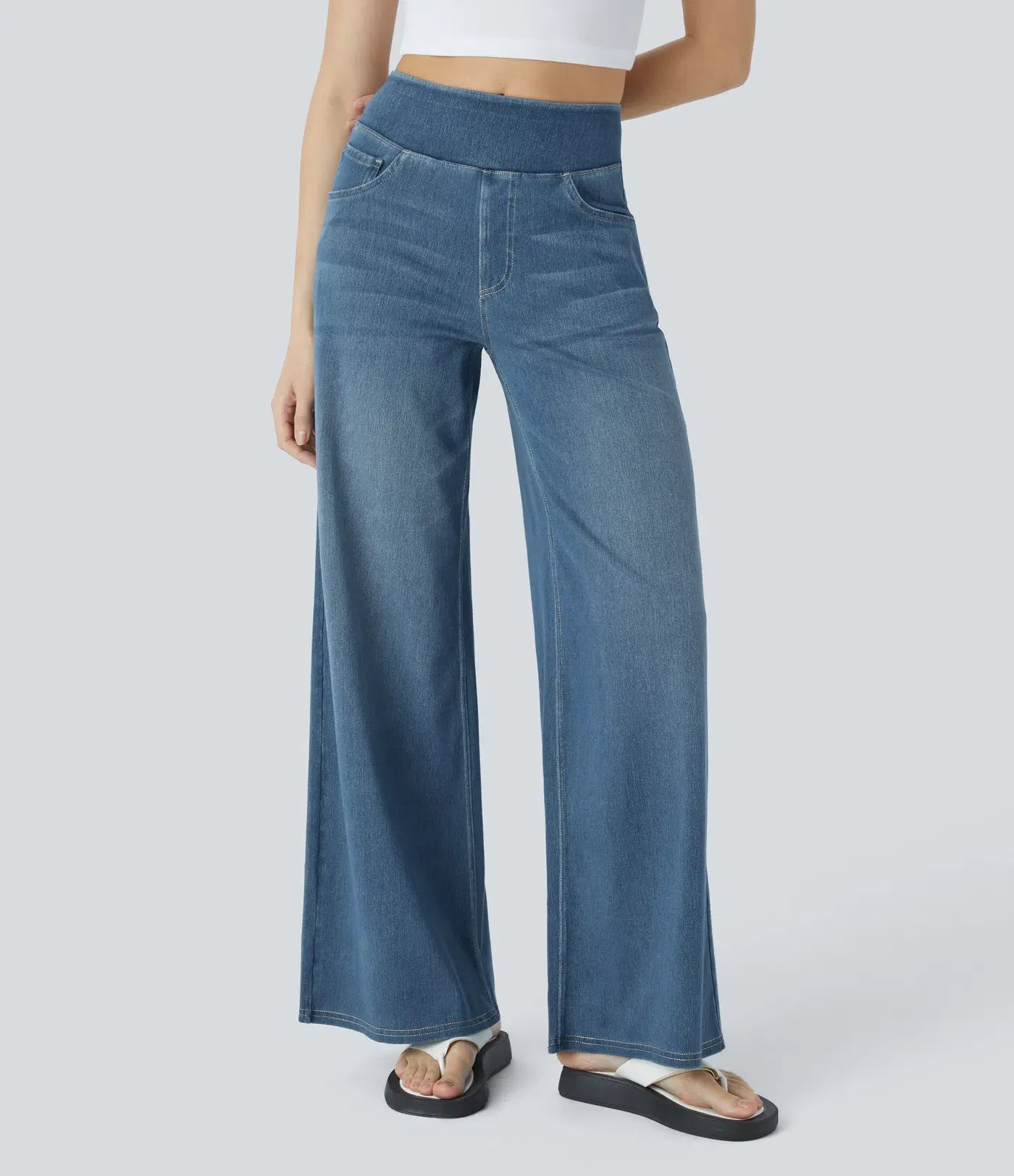 High Waisted Multiple Pockets Baggy Wide Leg Washed Stretchy Knit Casual Jeans