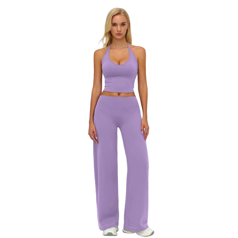 Women’s Plain Crop Cami Top & Flare Leg Pants Sports Set