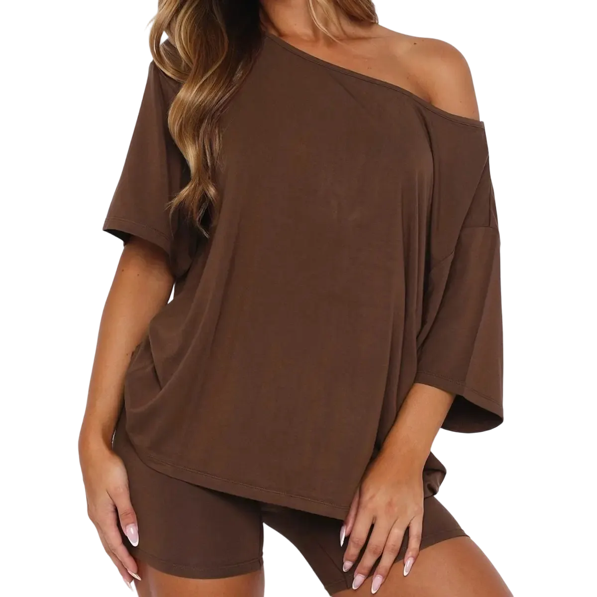 Women’s Casual Two Piece Lounge Set Off Shoulder Top & Fitted Shorts