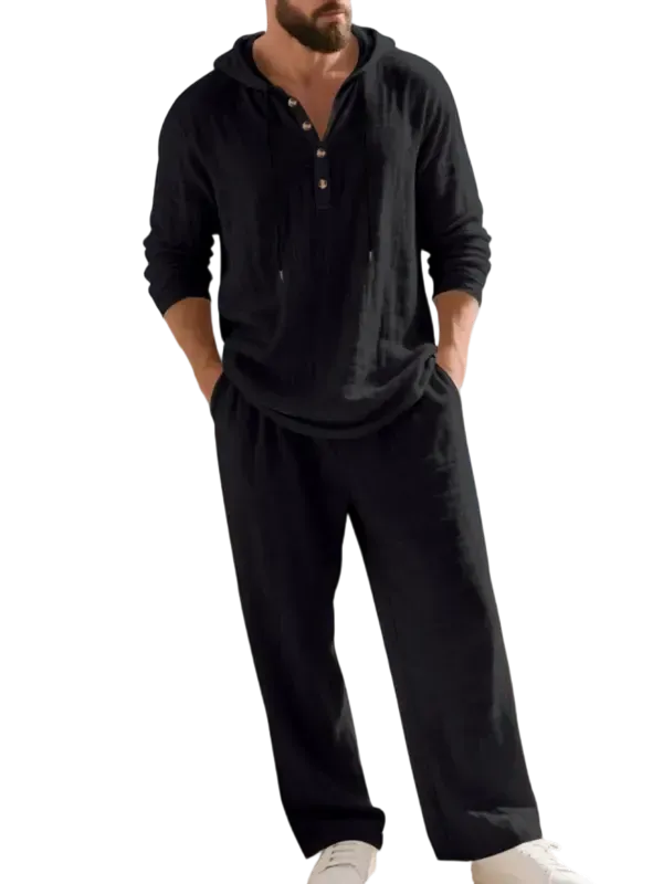 Linen Men's Hooded Casual Loose Top & Pants 2-Piece Set