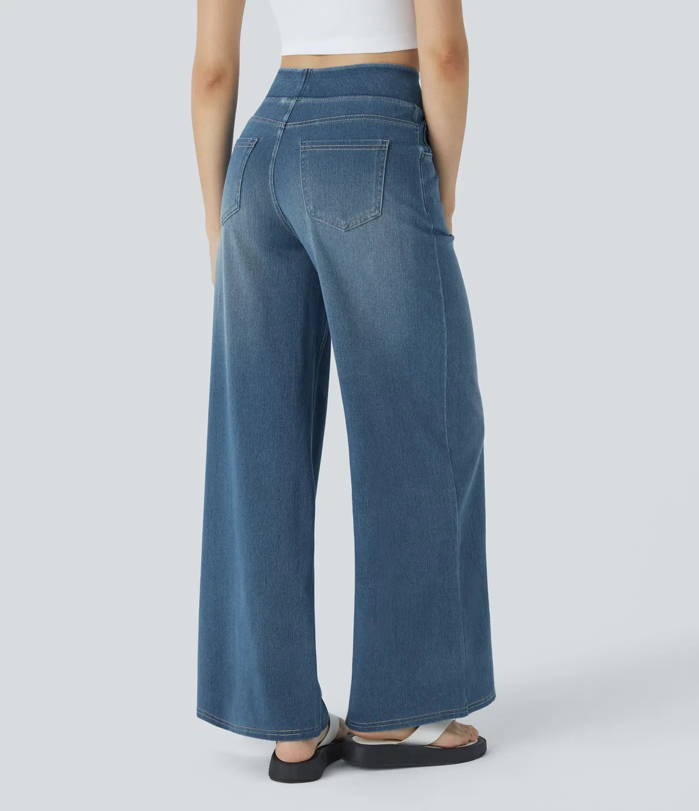 High Waisted Multiple Pockets Baggy Wide Leg Washed Stretchy Knit Casual Jeans