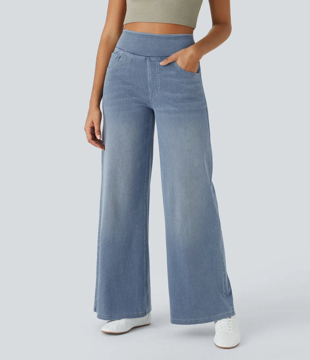 High Waisted Multiple Pockets Baggy Wide Leg Washed Stretchy Knit Casual Jeans