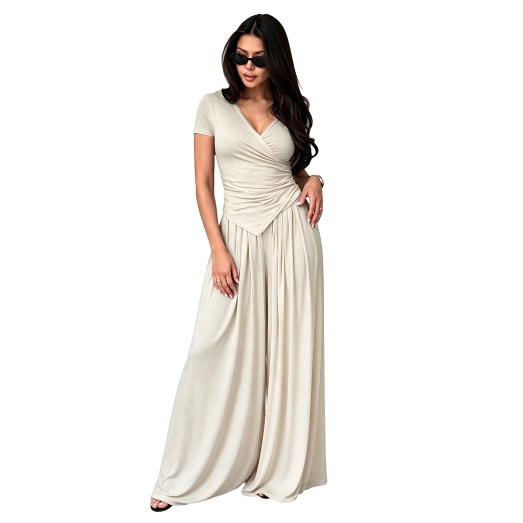 Women's Wrap V-Neck Wide Leg Two-Piece Set