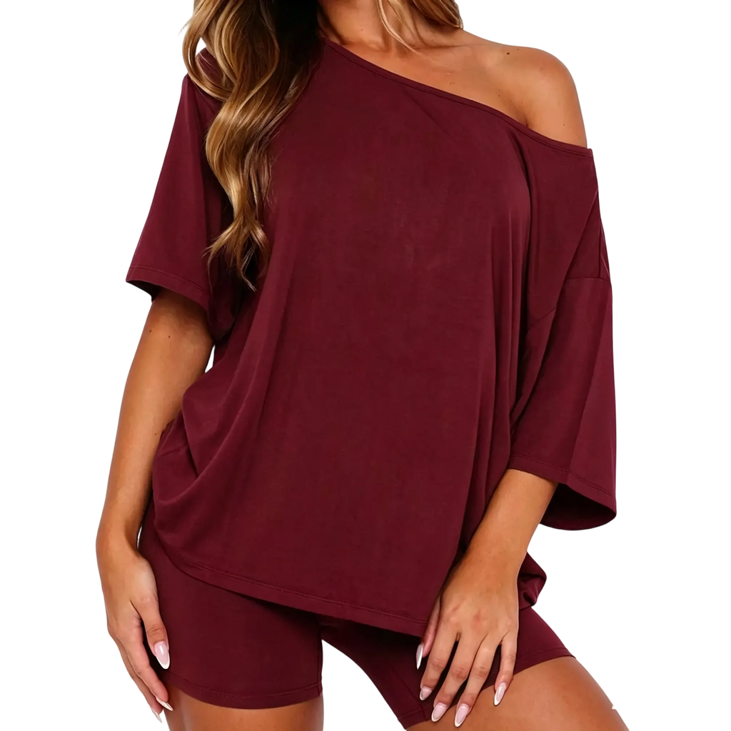 Women’s Casual Two Piece Lounge Set Off Shoulder Top & Fitted Shorts