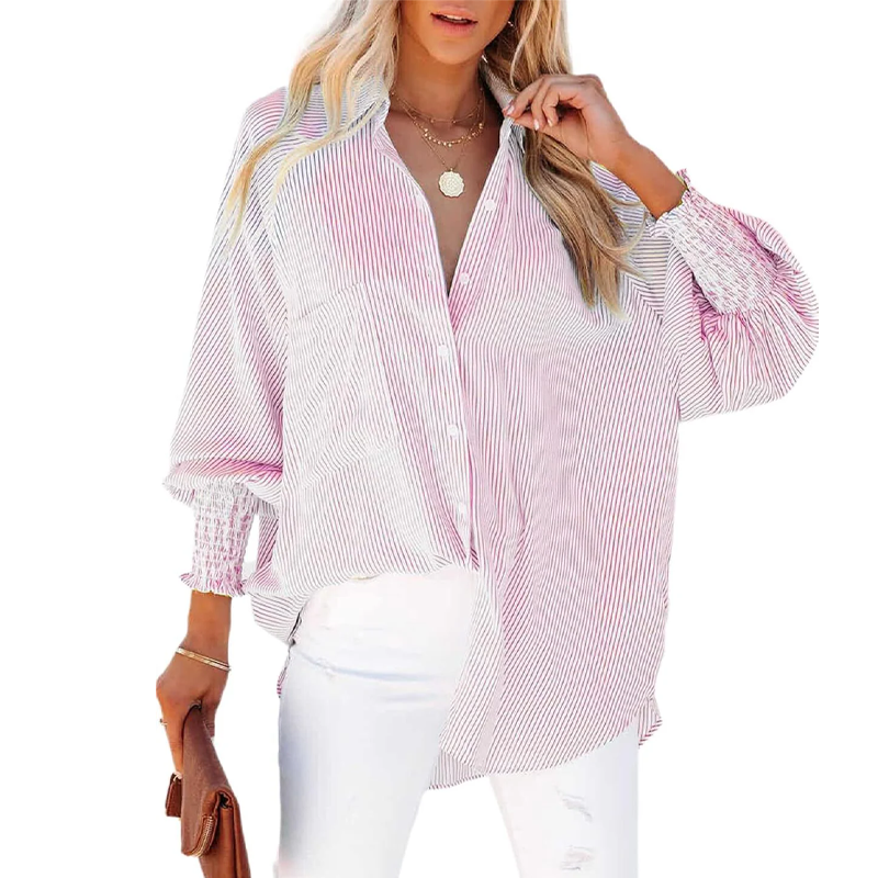Women's pleated cuffs striped shirt with pockets and casual collar