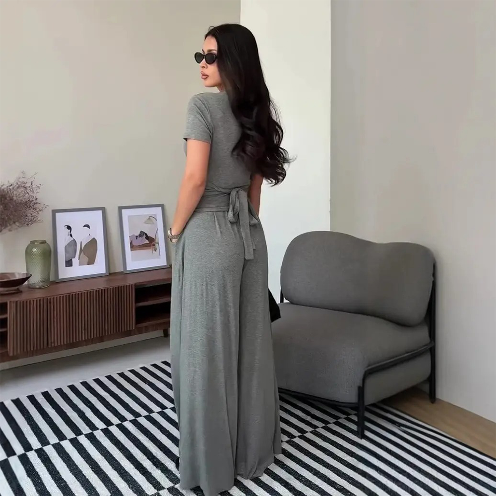 Women's Wrap V-Neck Wide Leg Two-Piece Set