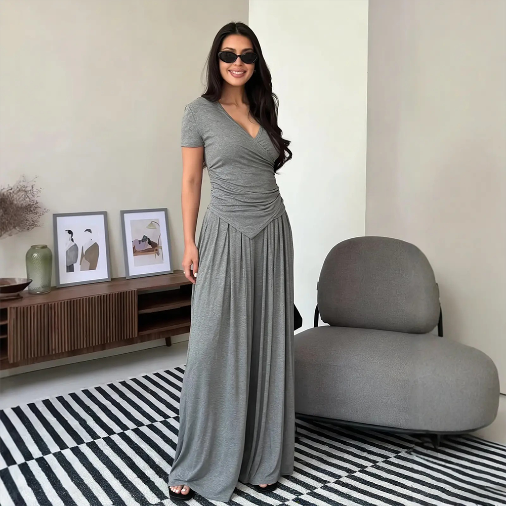 Women's Wrap V-Neck Wide Leg Two-Piece Set