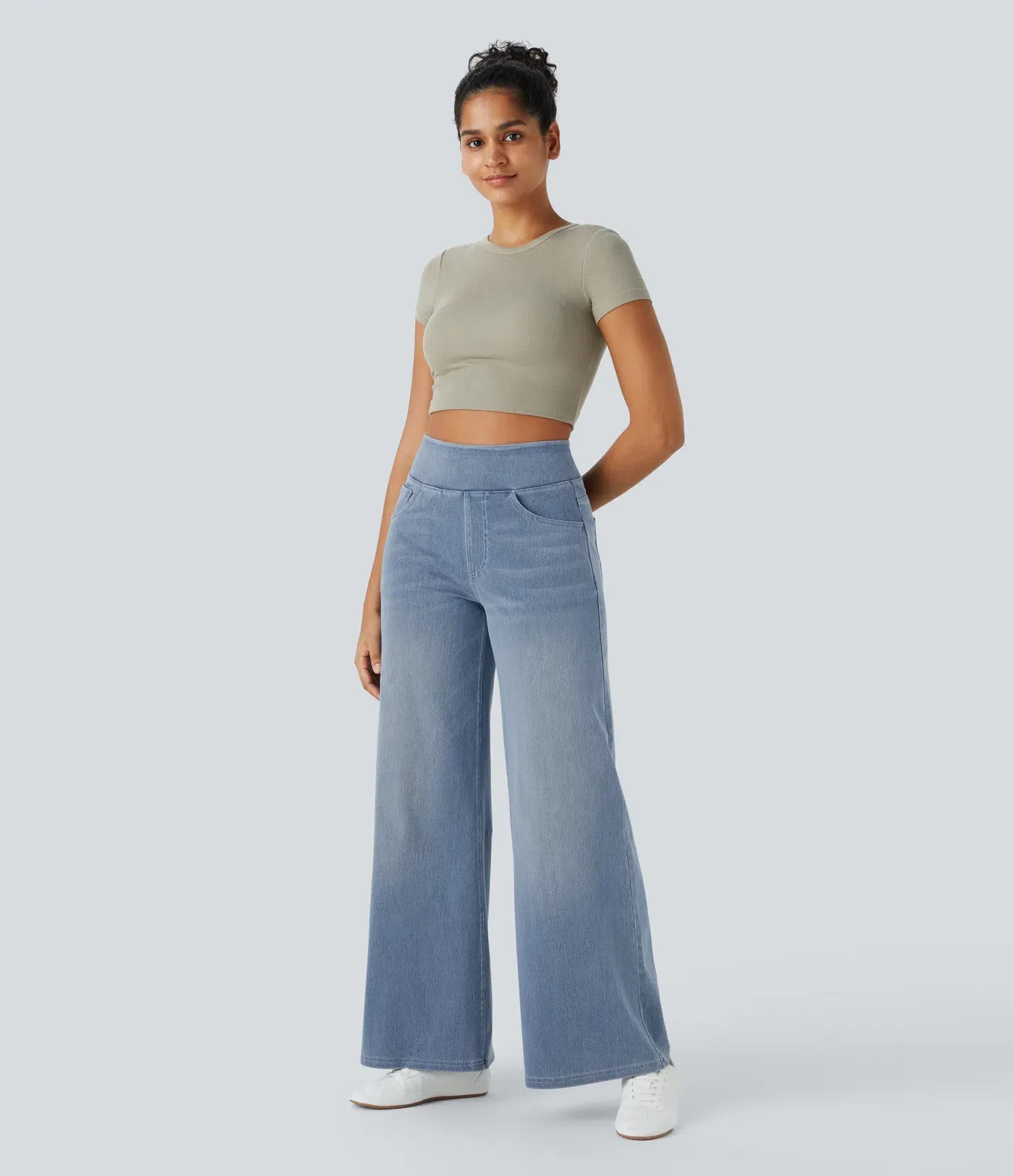 High Waisted Multiple Pockets Baggy Wide Leg Washed Stretchy Knit Casual Jeans