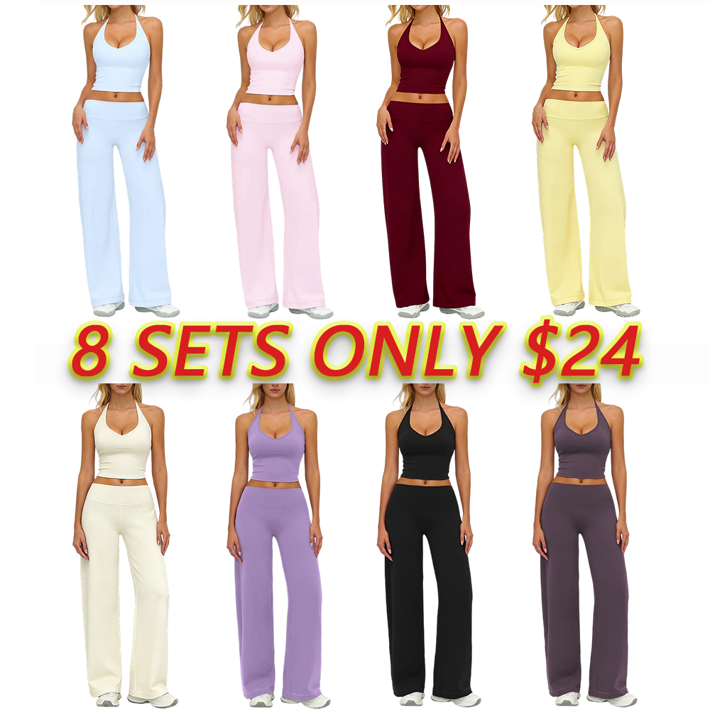 Women’s Plain Crop Cami Top & Flare Leg Pants Sports Set