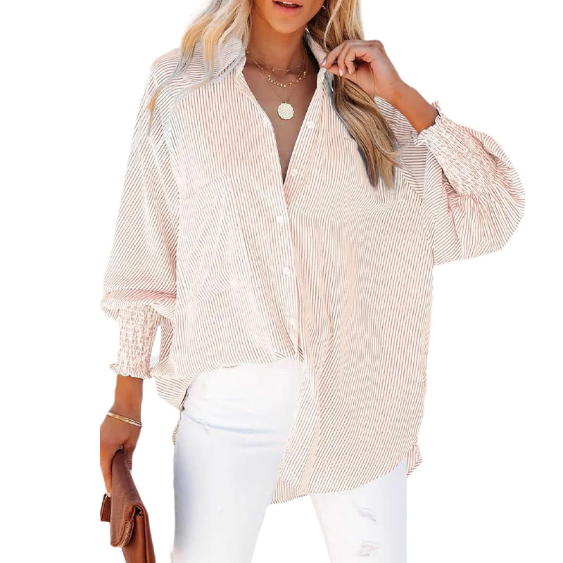 Women's pleated cuffs striped shirt with pockets and casual collar