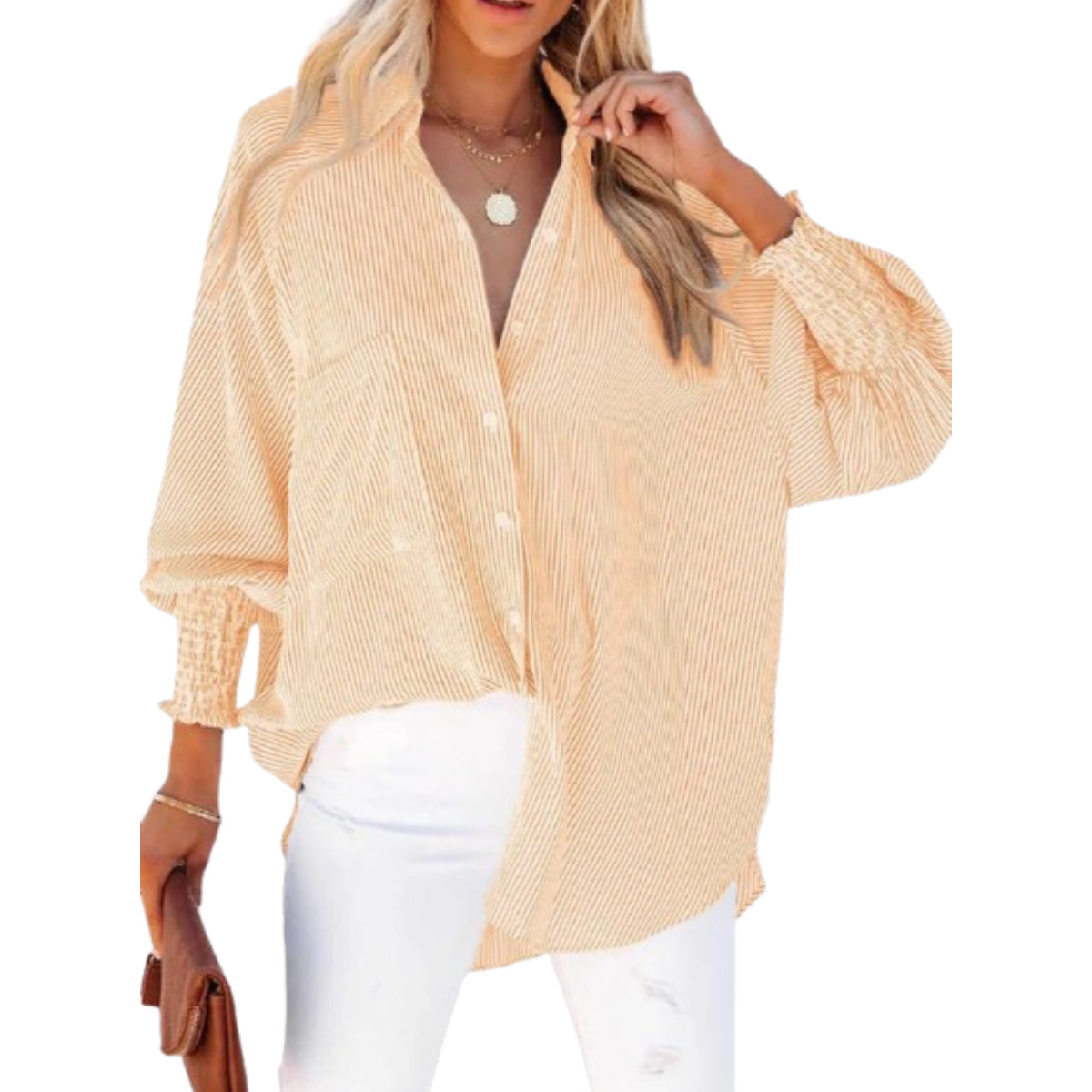 Women's pleated cuffs striped shirt with pockets and casual collar