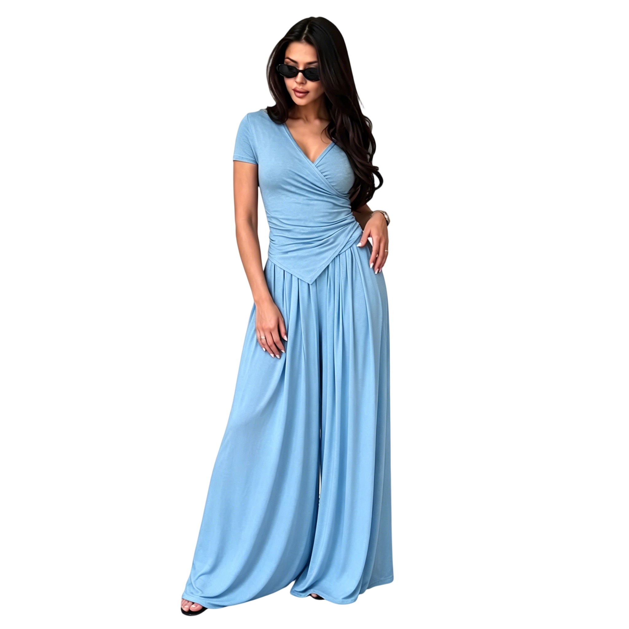 Women's Wrap V-Neck Wide Leg Two-Piece Set