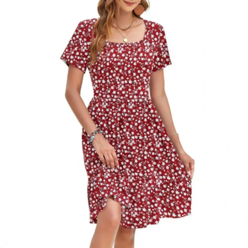 🔥Women Square Neck Floral Dress Ruffle Empire Waist A-Line Sundress with Pockets – Summer Casual Vacation Outfit