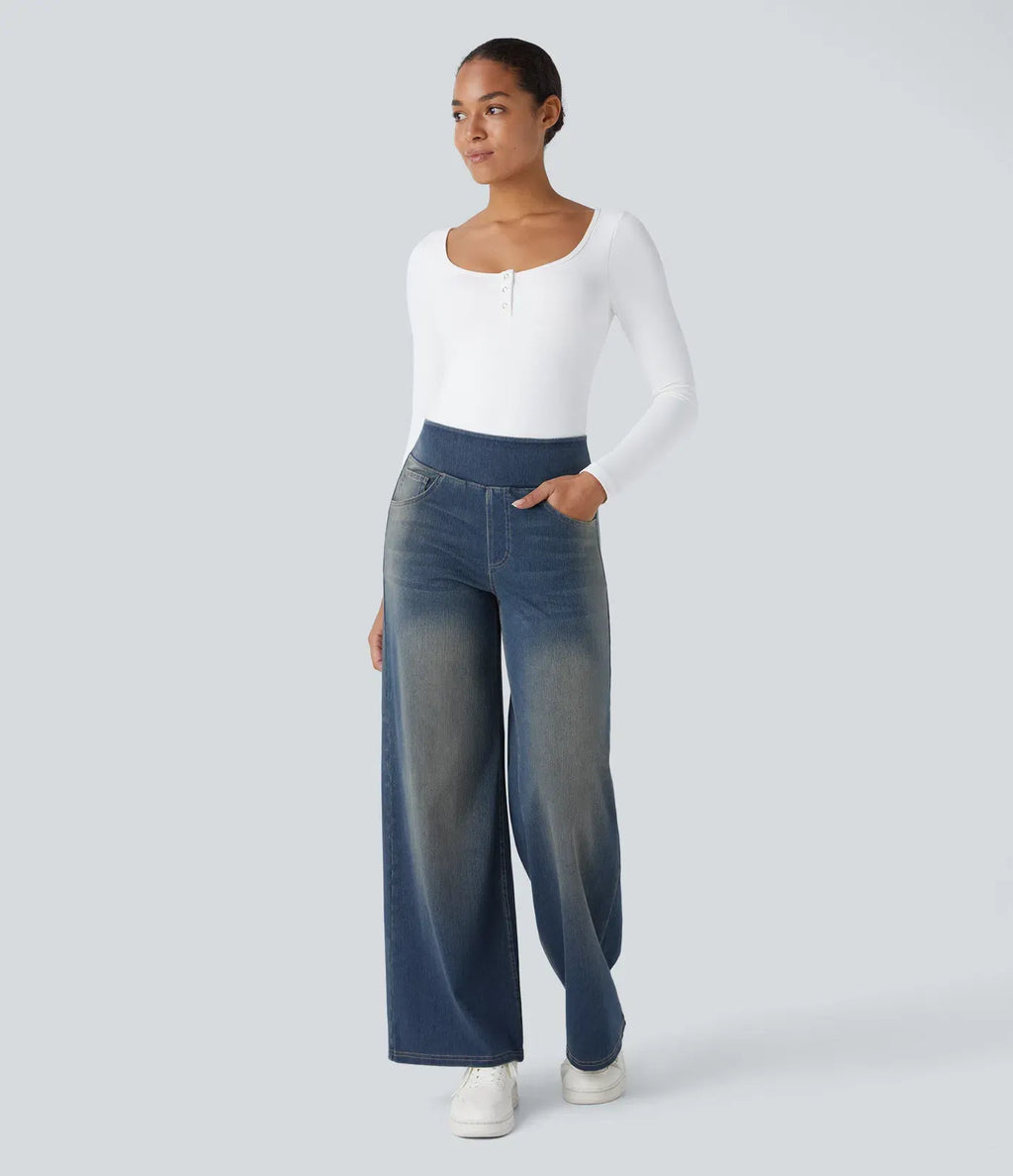 High Waisted Multiple Pockets Baggy Wide Leg Washed Stretchy Knit Casual Jeans