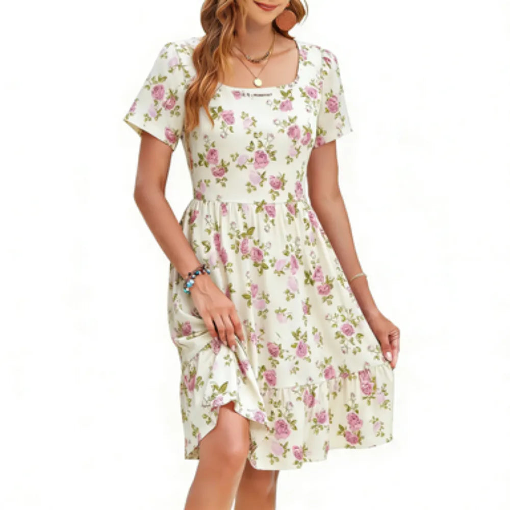 🔥Women Square Neck Floral Dress Ruffle Empire Waist A-Line Sundress with Pockets – Summer Casual Vacation Outfit