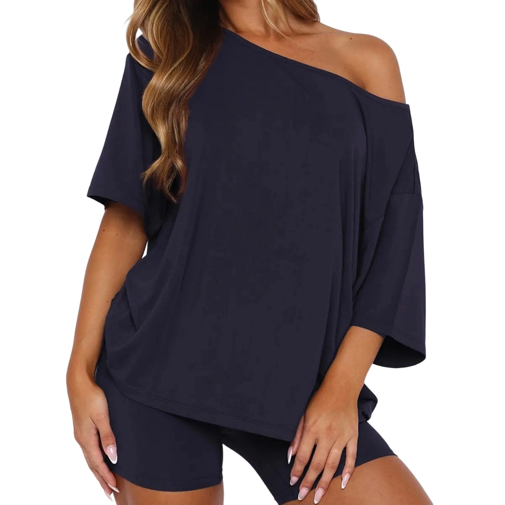 Women’s Casual Two Piece Lounge Set Off Shoulder Top & Fitted Shorts