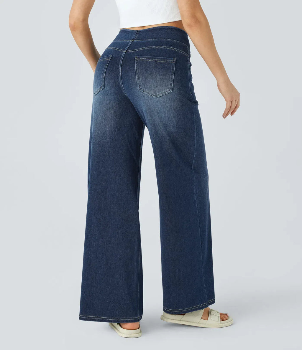 High Waisted Multiple Pockets Baggy Wide Leg Washed Stretchy Knit Casual Jeans