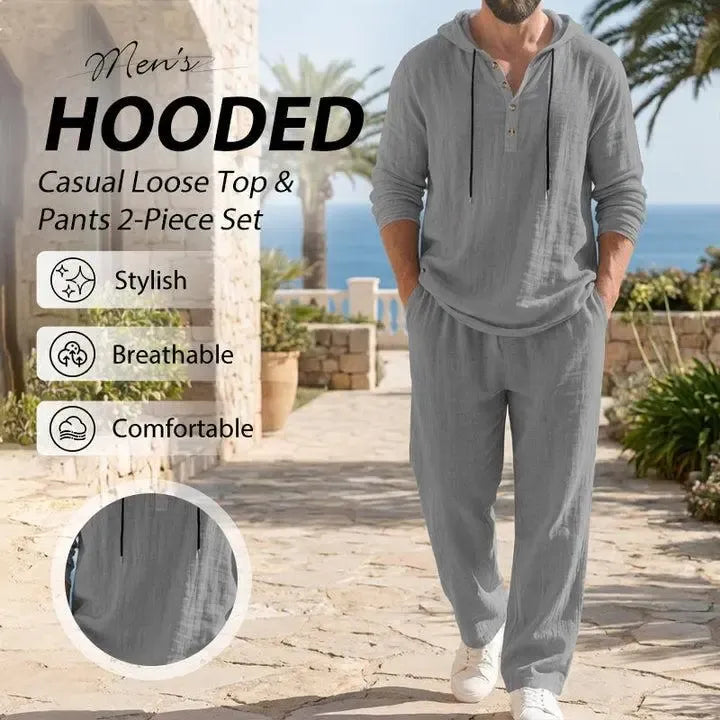 Linen Men's Hooded Casual Loose Top & Pants 2-Piece Set