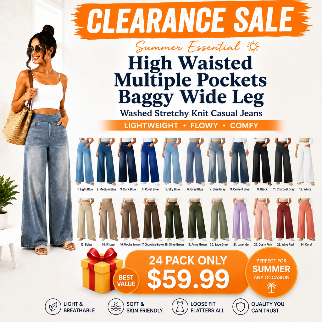 High Waisted Multiple Pockets Baggy Wide Leg Washed Stretchy Knit Casual Jeans