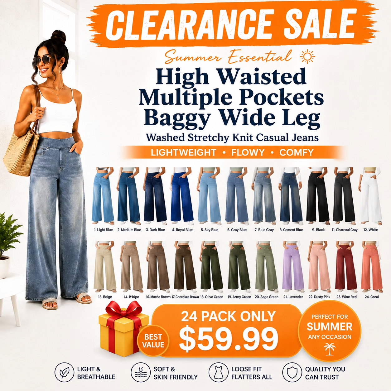 High Waisted Multiple Pockets Baggy Wide Leg Washed Stretchy Knit Casual Jeans