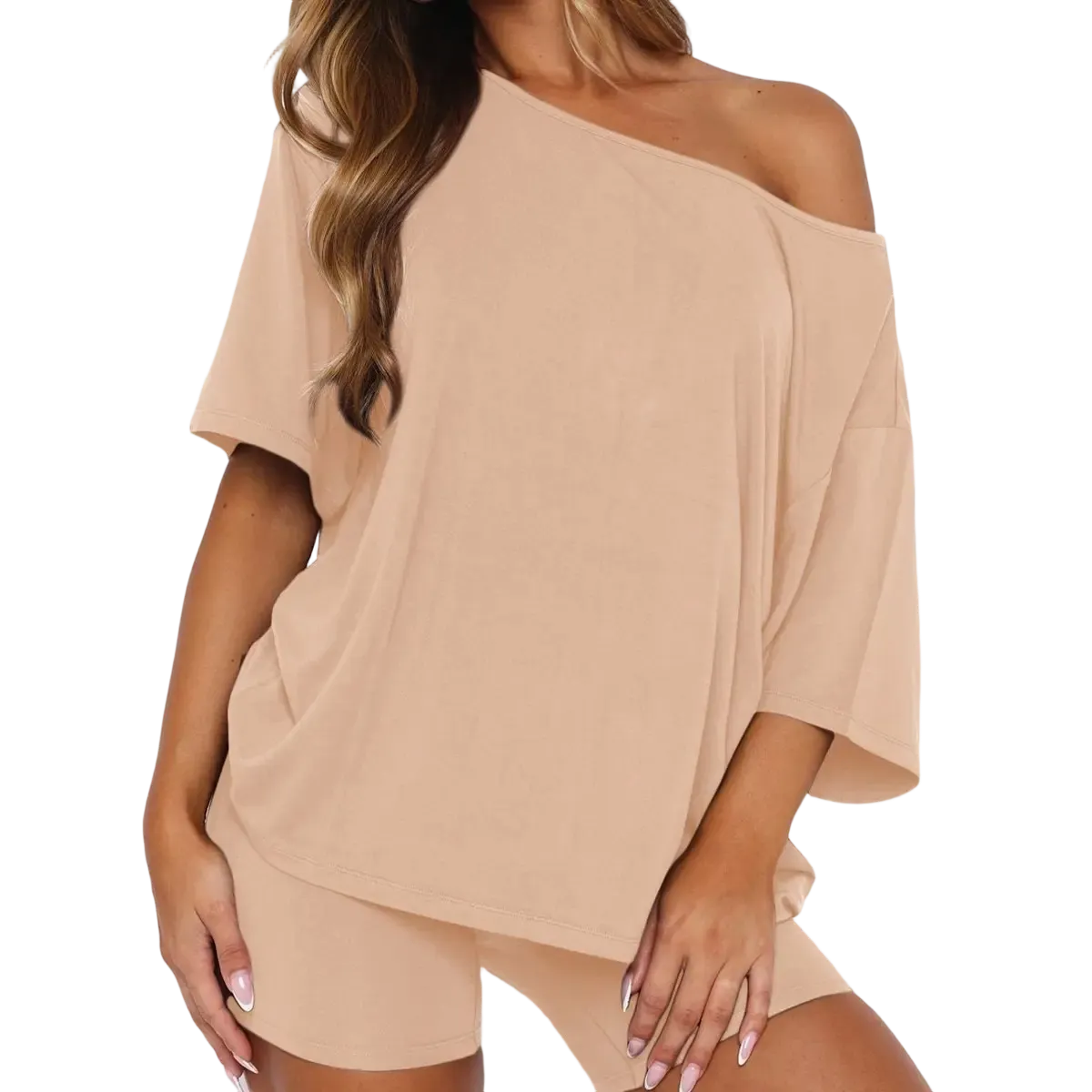 Women’s Casual Two Piece Lounge Set Off Shoulder Top & Fitted Shorts