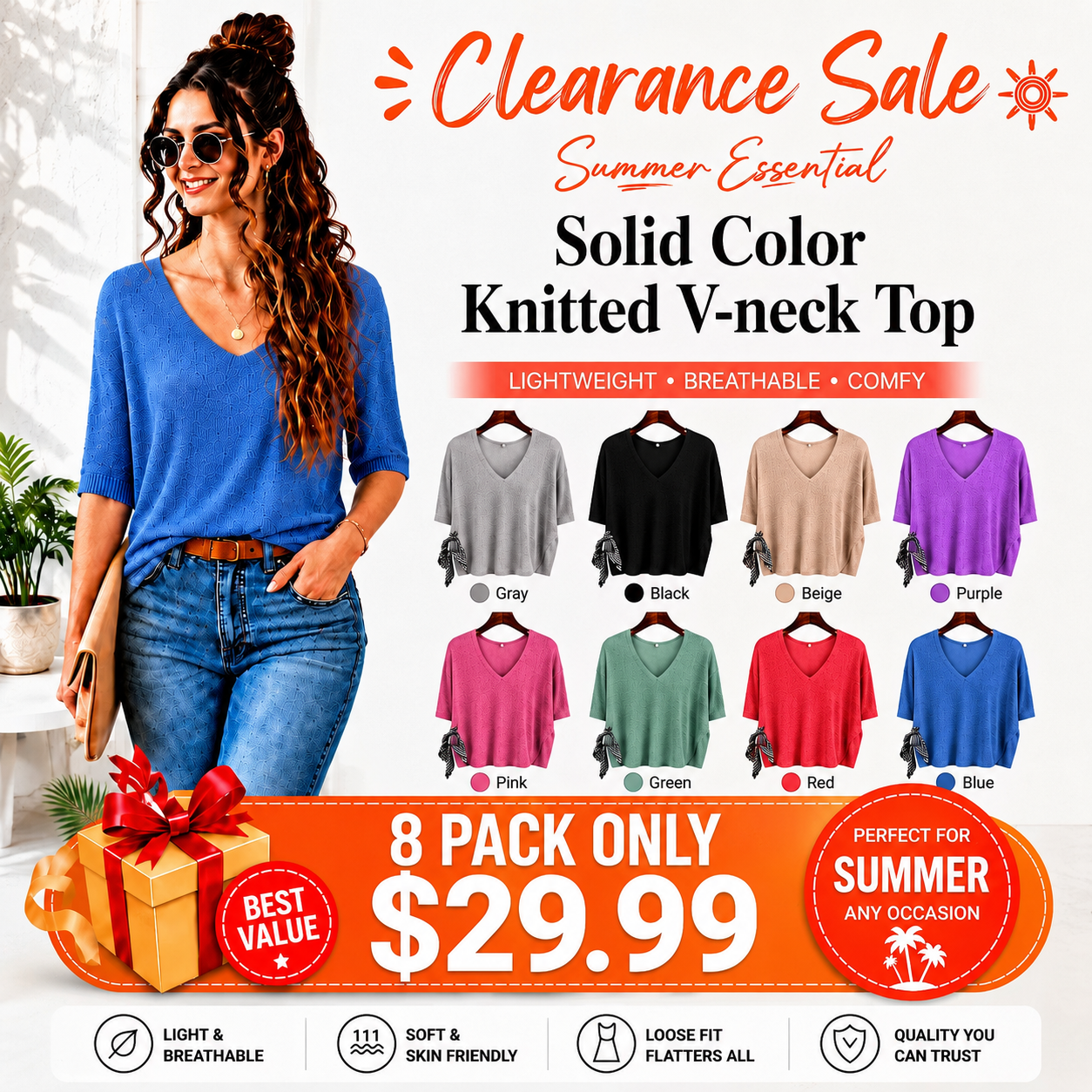 Solid Color Knitted V-neck Top
