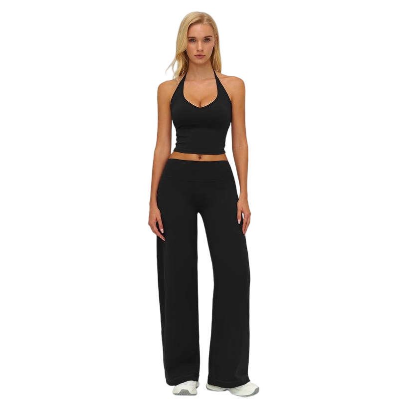 Women’s Plain Crop Cami Top & Flare Leg Pants Sports Set