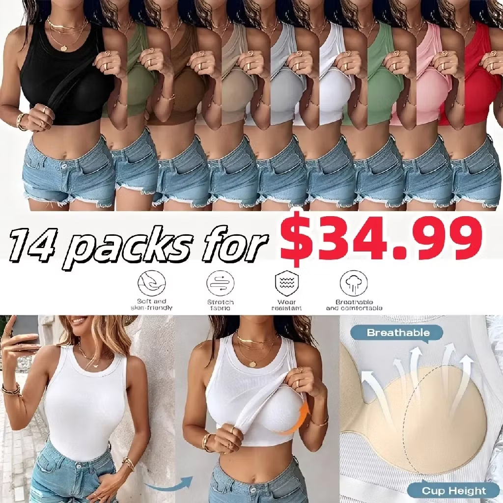 💥This Week's Special Price🍃Round Neck Built-in Bra Ribbed Tank Top Fit Casual Comfortable