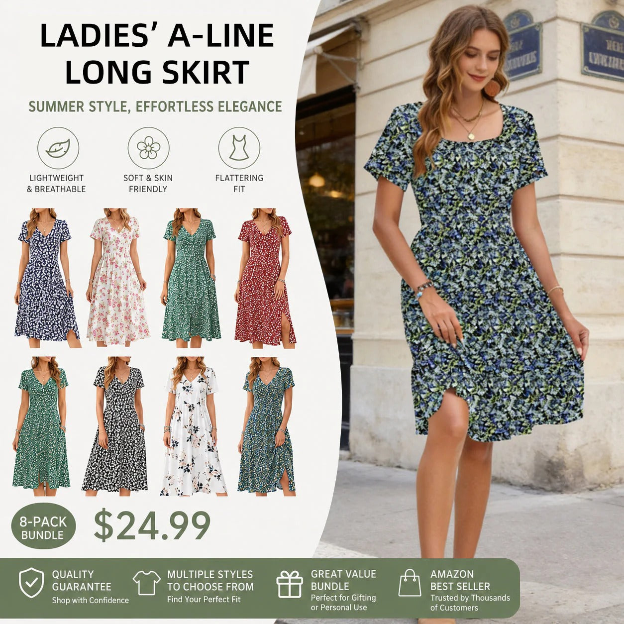 Women Square Neck Ditsy Floral Dress, Ruffle Empire Waist A-Line Sundress With Pockets