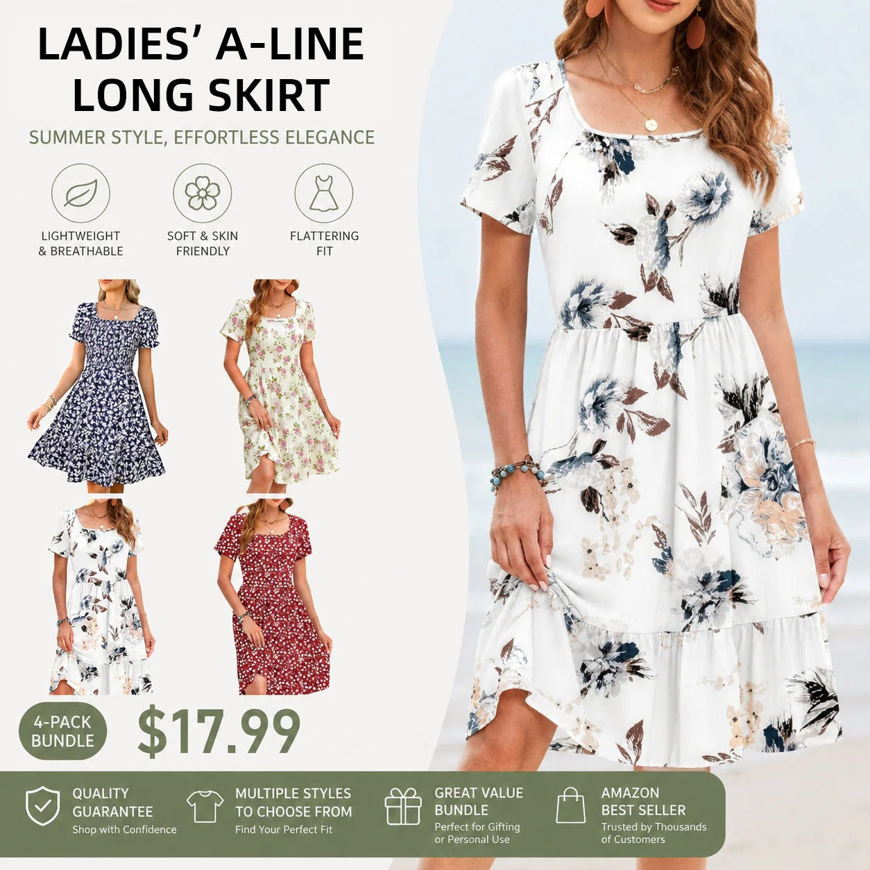 Women Square Neck Ditsy Floral Dress, Ruffle Empire Waist A-Line Sundress With Pockets